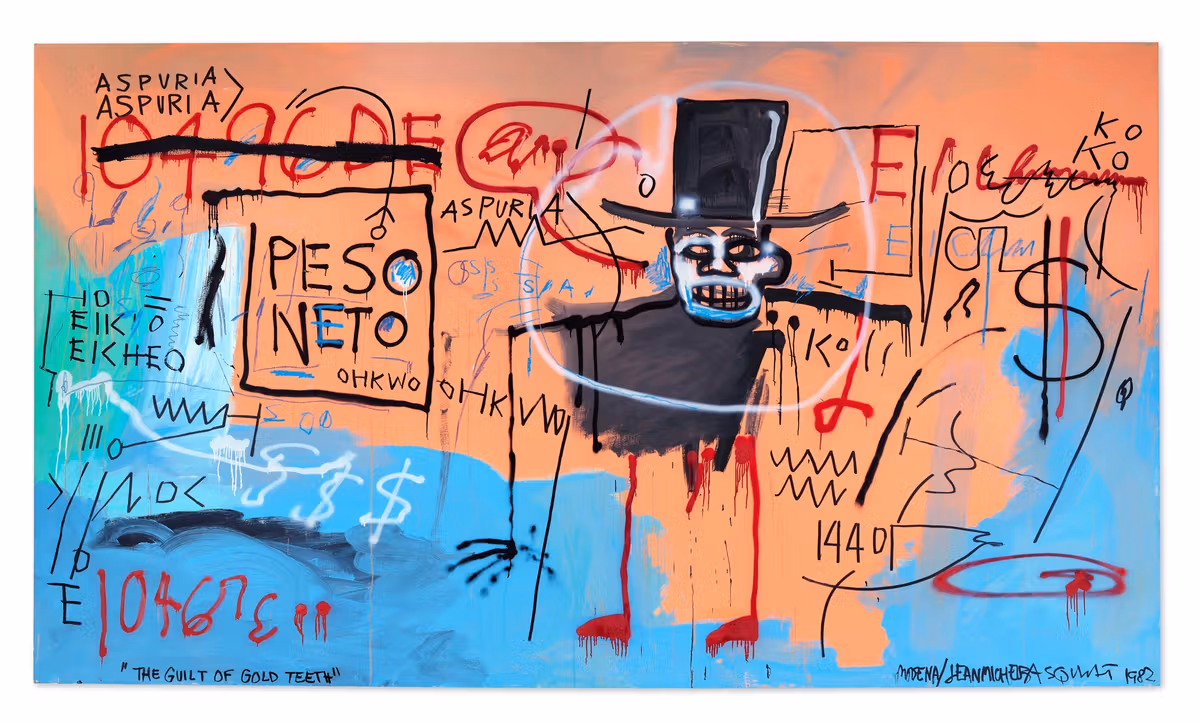 Konstverk av Jean Michel Basquiat i blåa och orangea kulörer